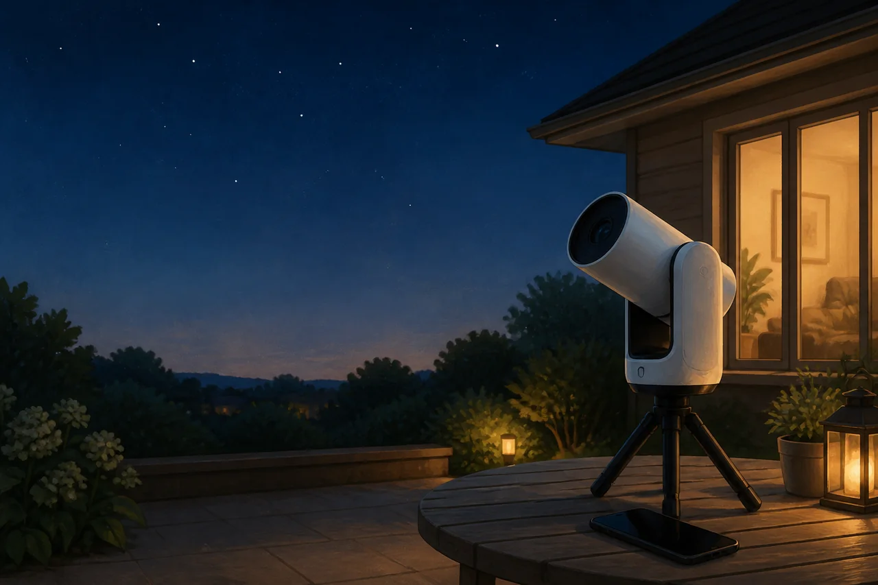 Original painted illustration of a generic smart telescope on a backyard patio at night